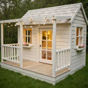 Wooden Kids Outdoor Playhouse with Porch & Gable Roof