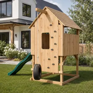 Wooden Kids Playhouse with Slide, Climbing Wall & Tire Swing
